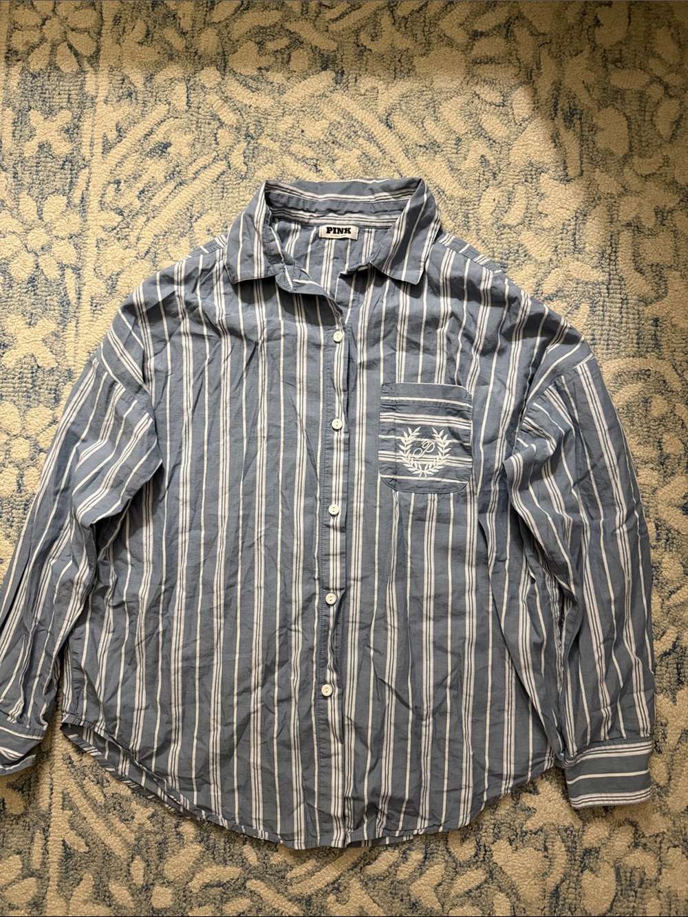 PINK Victoria's Secret Blue and White Striped Button-Down Shirt